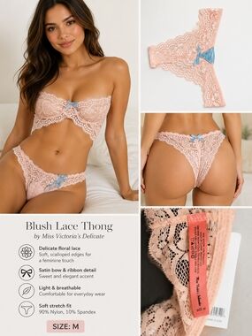 Maidenform Blush Lace Thong with Blue Satin Bow